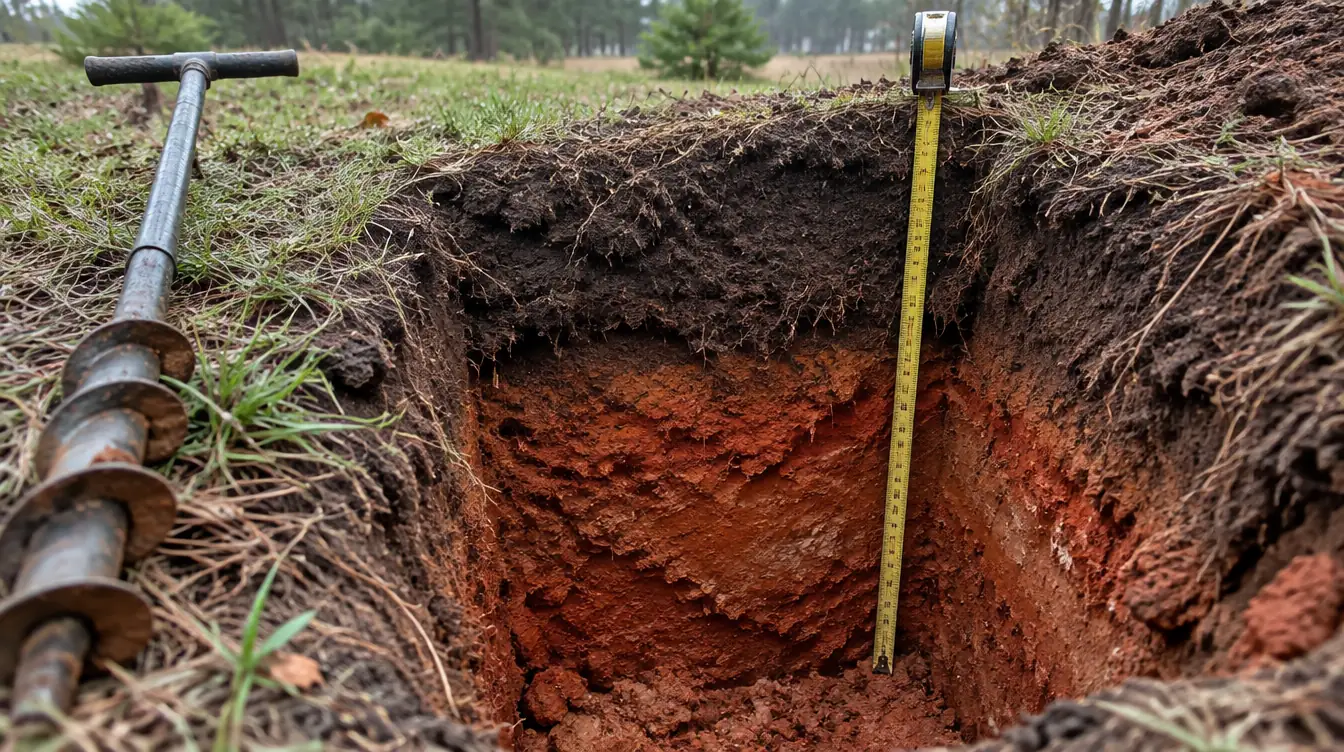 A soil test pit showing dark topsoil over red clay, a tape measure hanging into it and a soil auger on the edge