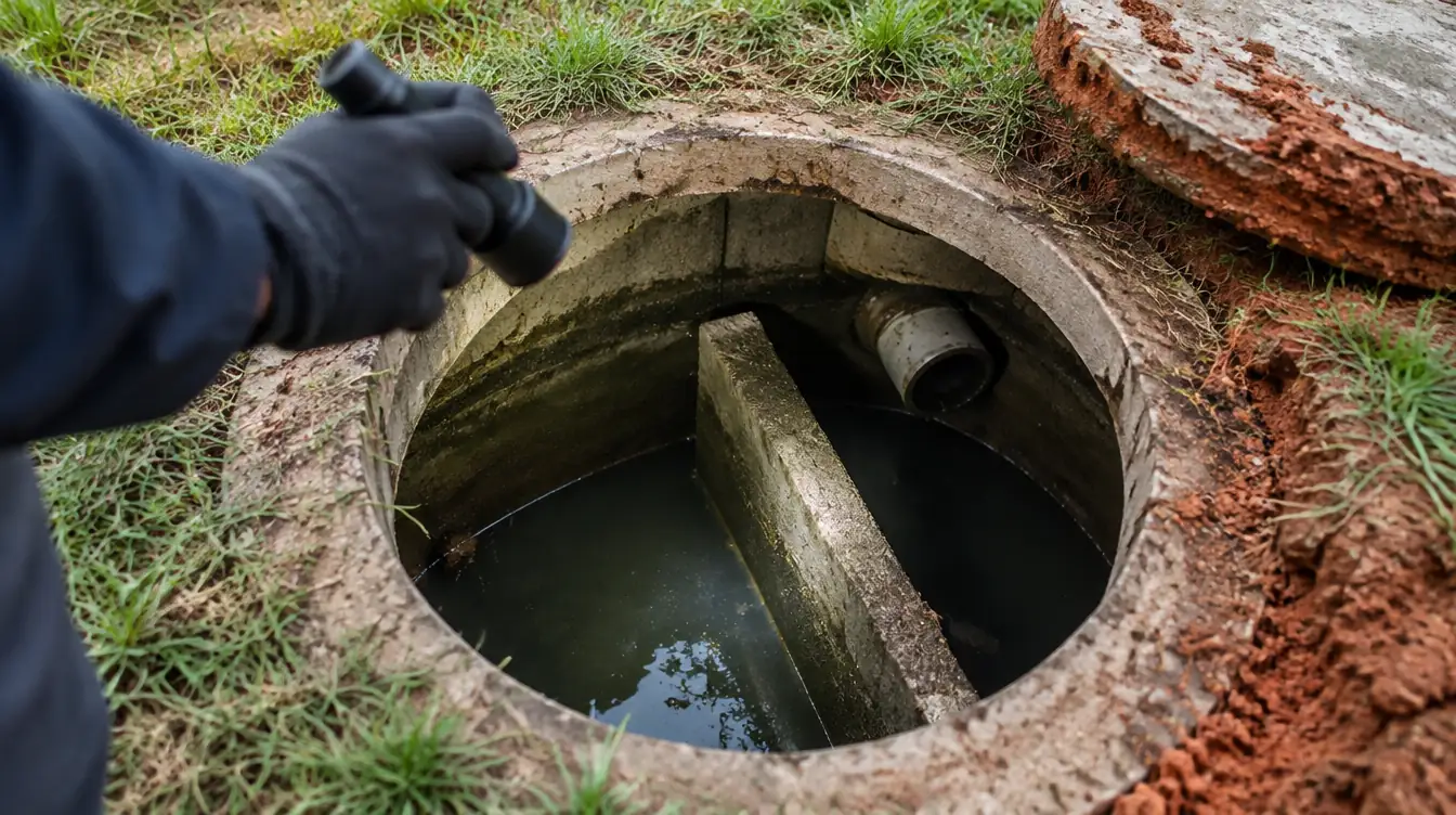 A gloved hand shining a flashlight into an open septic tank access port, looking at the baffle